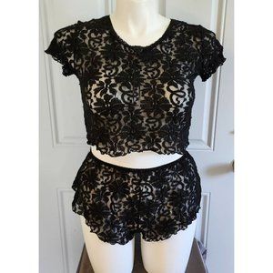 Intimate Moods Women's 2 Piece Pajama Top/Shorts Set Sexy Semi Sheer Lace Sz M